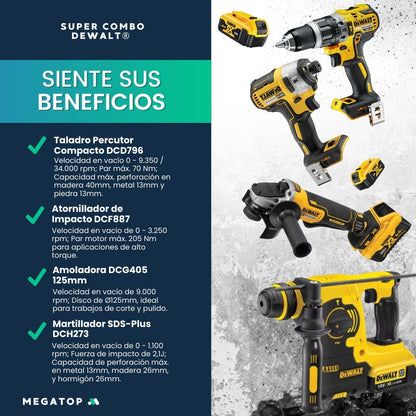 Super Combo DeWalt: Taladro + Atornillador + Martillo perforador + Amoladora Inalámbrico