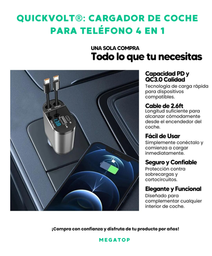 QuickVolt: Cargador De Coche Para Teléfono 4 En 1