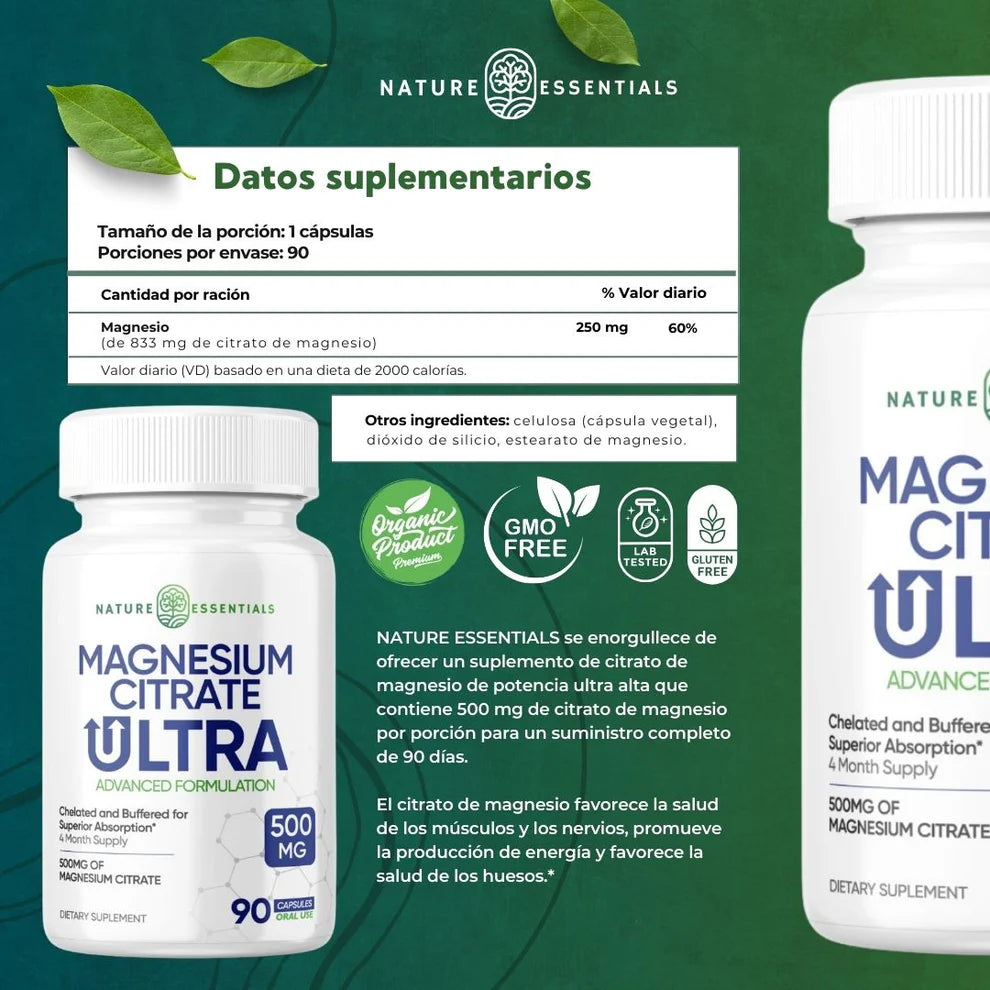 Citrato de Magnesio Suplemento 🌱 180 cápsulas con 500mg