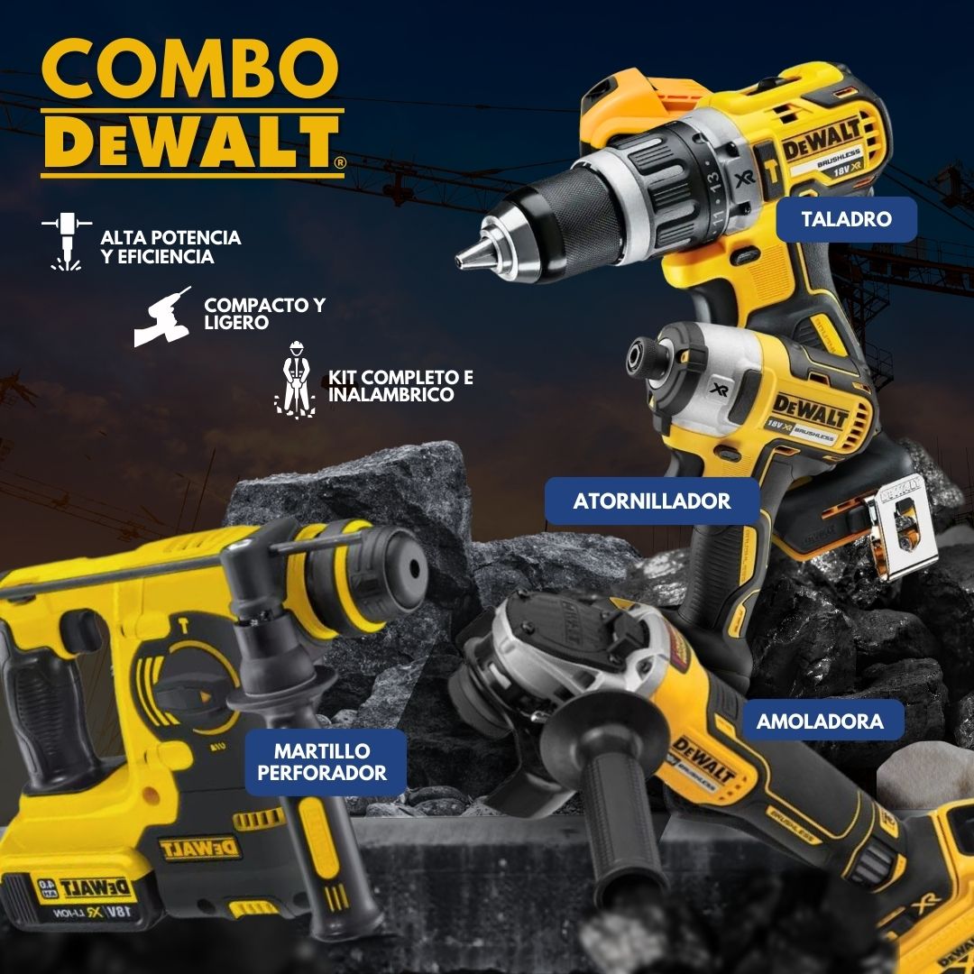 Super Combo DeWalt: Taladro + Atornillador + Martillo perforador + Amoladora Inalámbrico